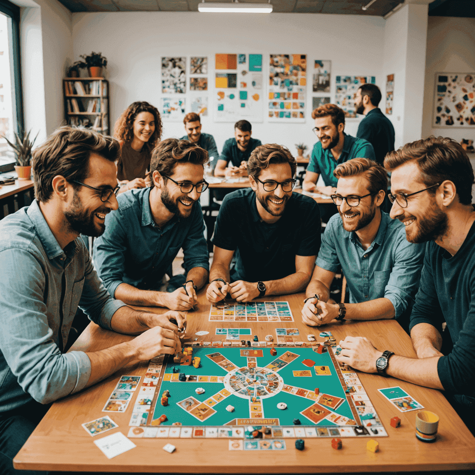 The Sweetgms team gathered around a table, playing one of their educational board games. The image shows a diverse group of people, including game designers, educators, and artists, all engaged in gameplay with smiles on their faces. The office background showcases a creative and colorful workspace in Barcelona, with educational posters and game prototypes visible.