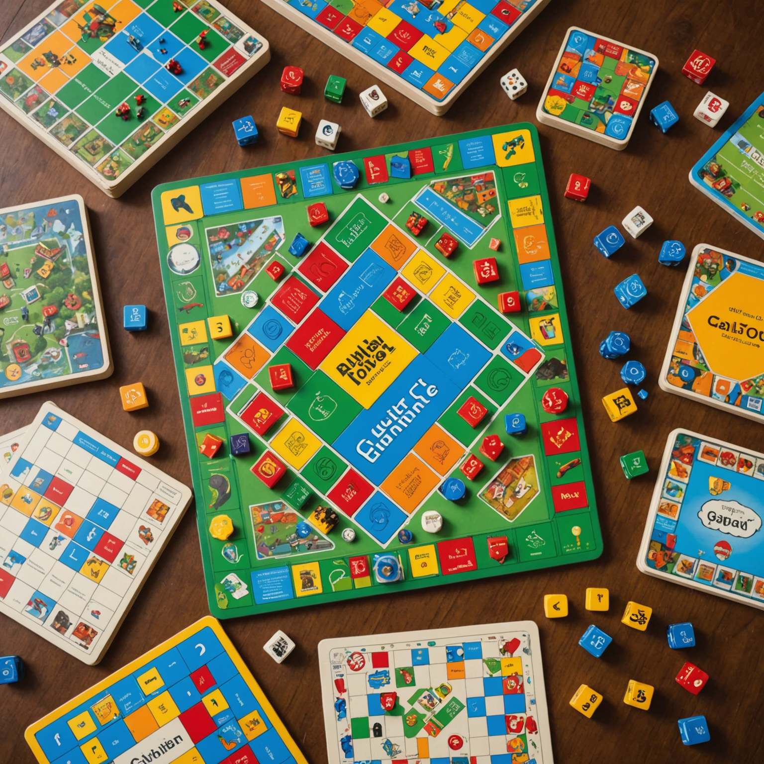 Various educational board games laid out on a table, showcasing colorful pieces and educational elements