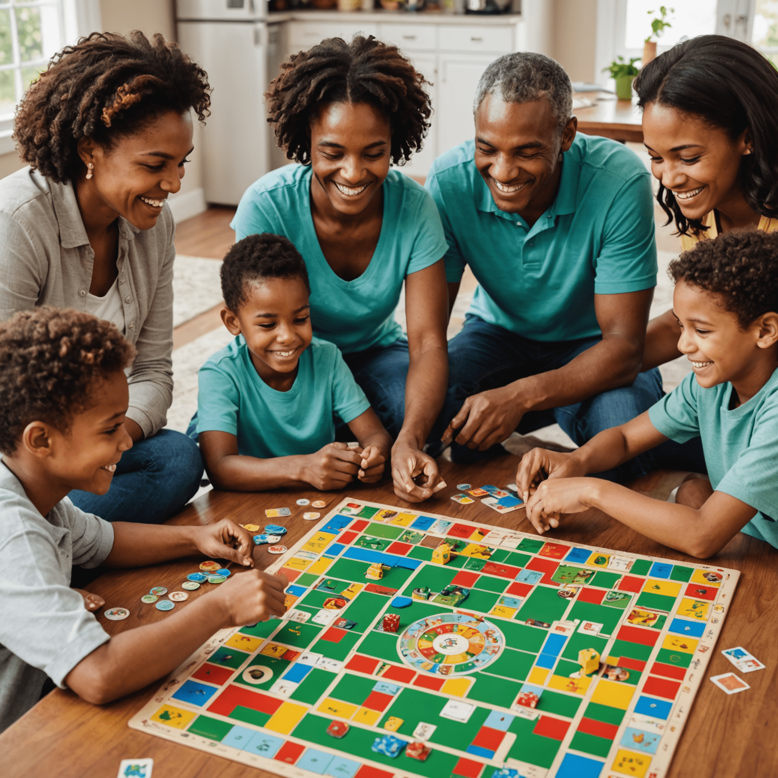 A family gathered around a table, playing an educational board game. The image shows parents and children of various ages, all smiling and engaged in the game. The table is covered with colorful game pieces, cards, and a board with educational elements visible.