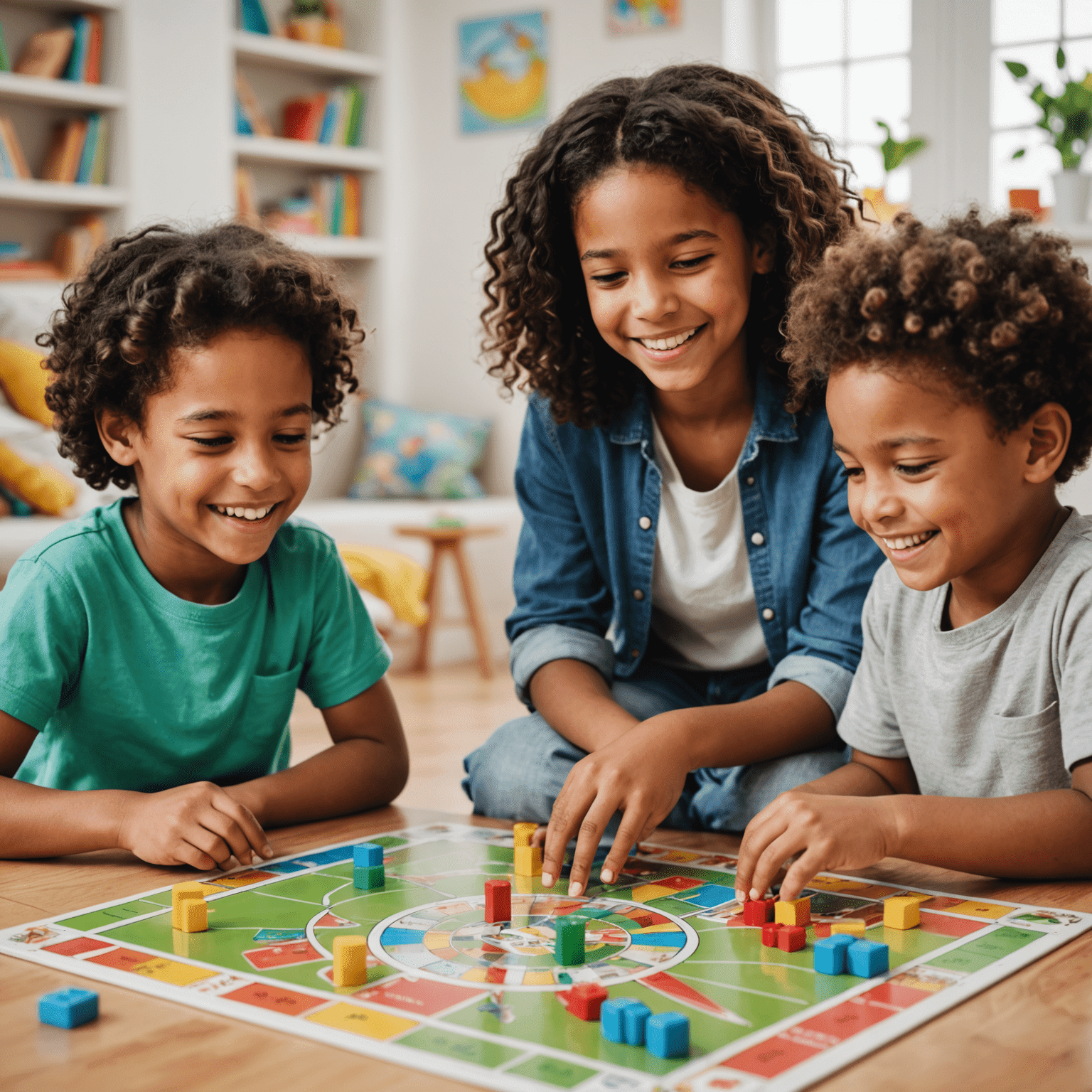 Children playing a colorful educational board game, smiling and engaged