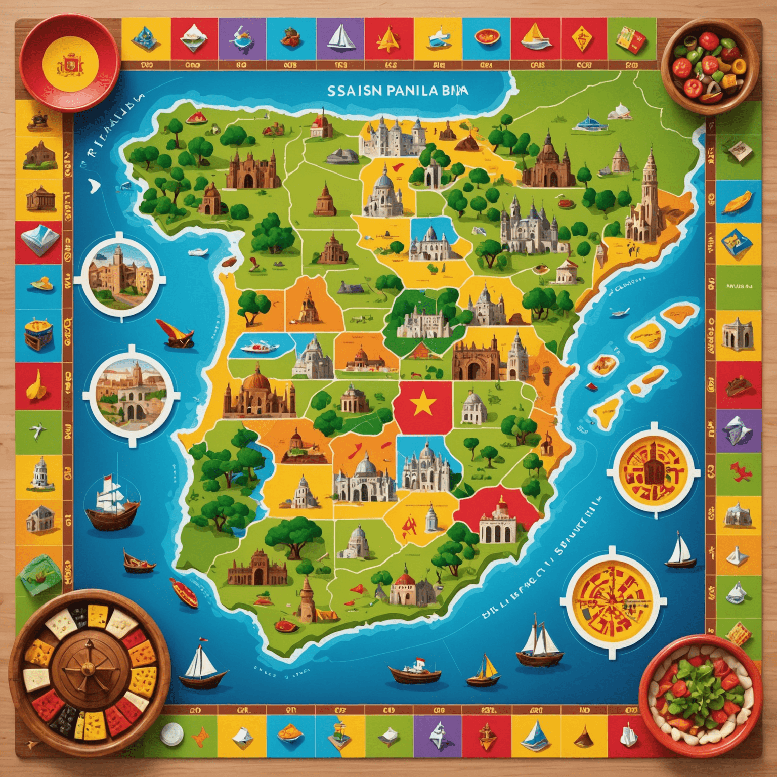 A colorful board game layout featuring Spanish landmarks, food, and cultural icons. The game board is designed in vibrant colors with a map of Spain as the central focus.