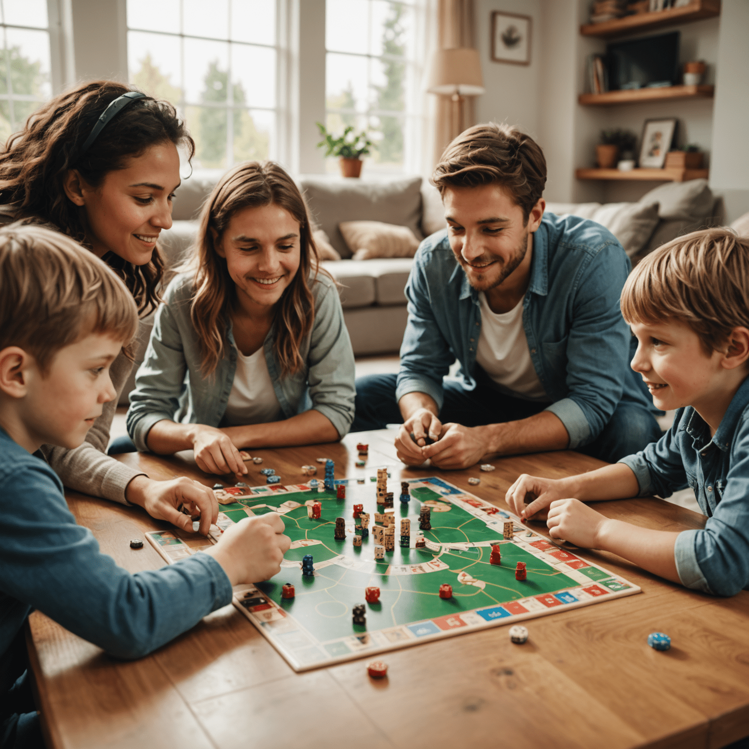 A split image showing a family playing a board game on one side and children playing video games on the other, representing the balance between traditional and digital gaming