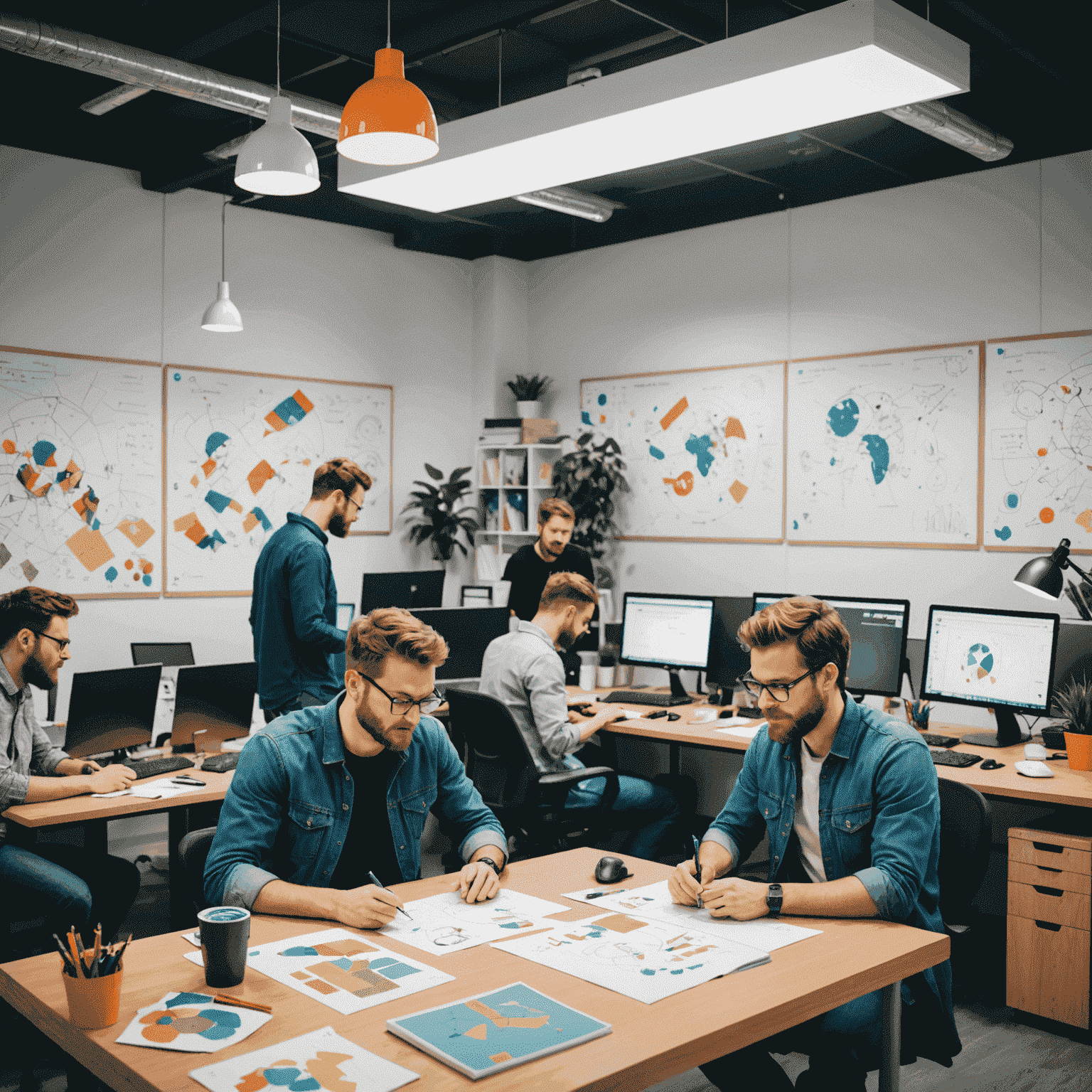 A team of game designers collaborating in a bright, modern office space with colorful game prototypes and sketches on the walls