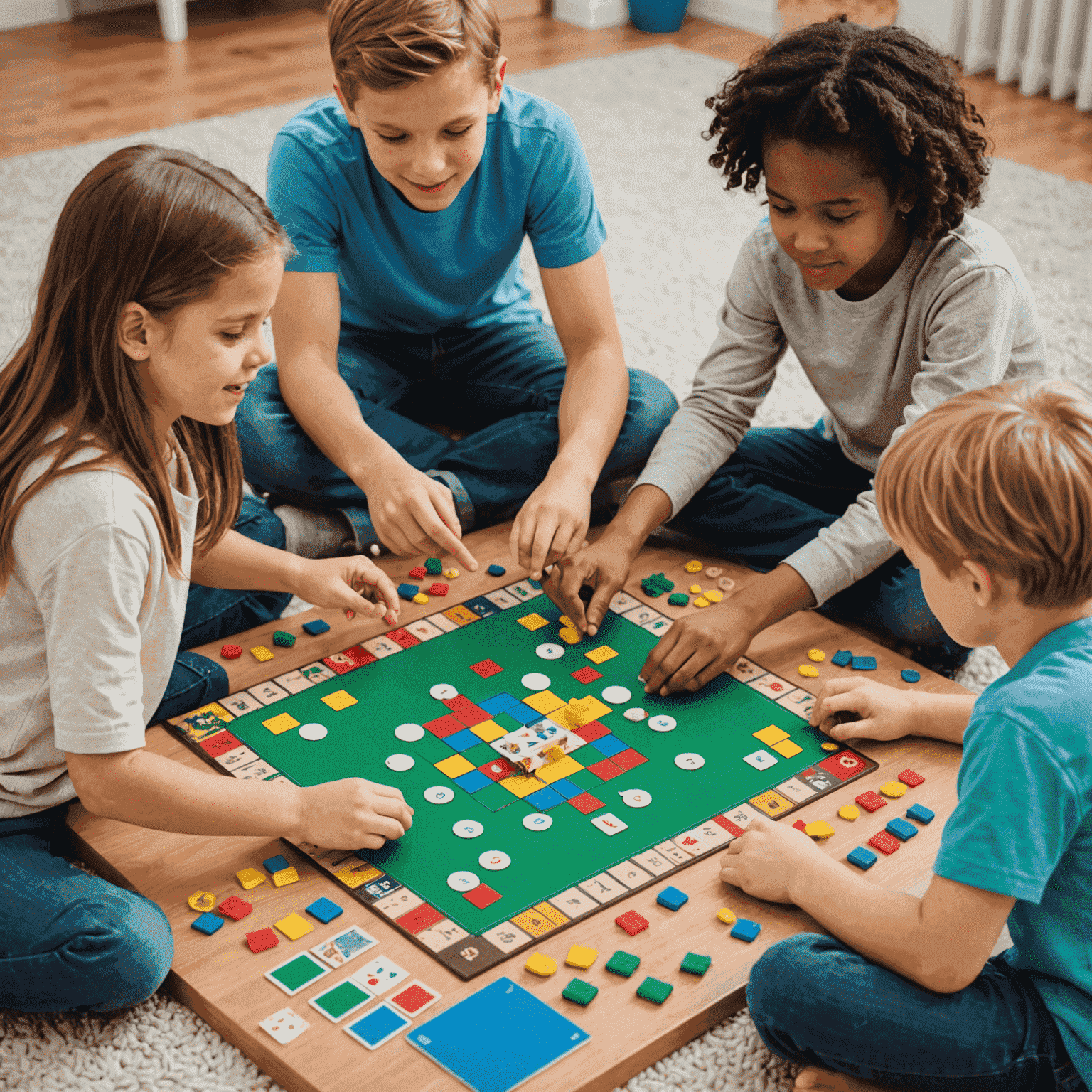 A group of children playing an educational board game together. The image shows kids of different ages engaged in problem-solving and social interaction, with colorful game pieces and cards spread out on the table.