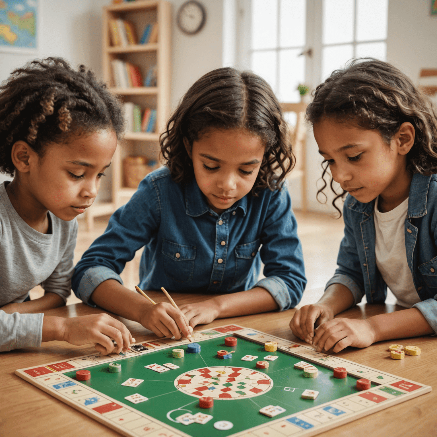 Children playing an educational board game, showing concentration and enjoyment