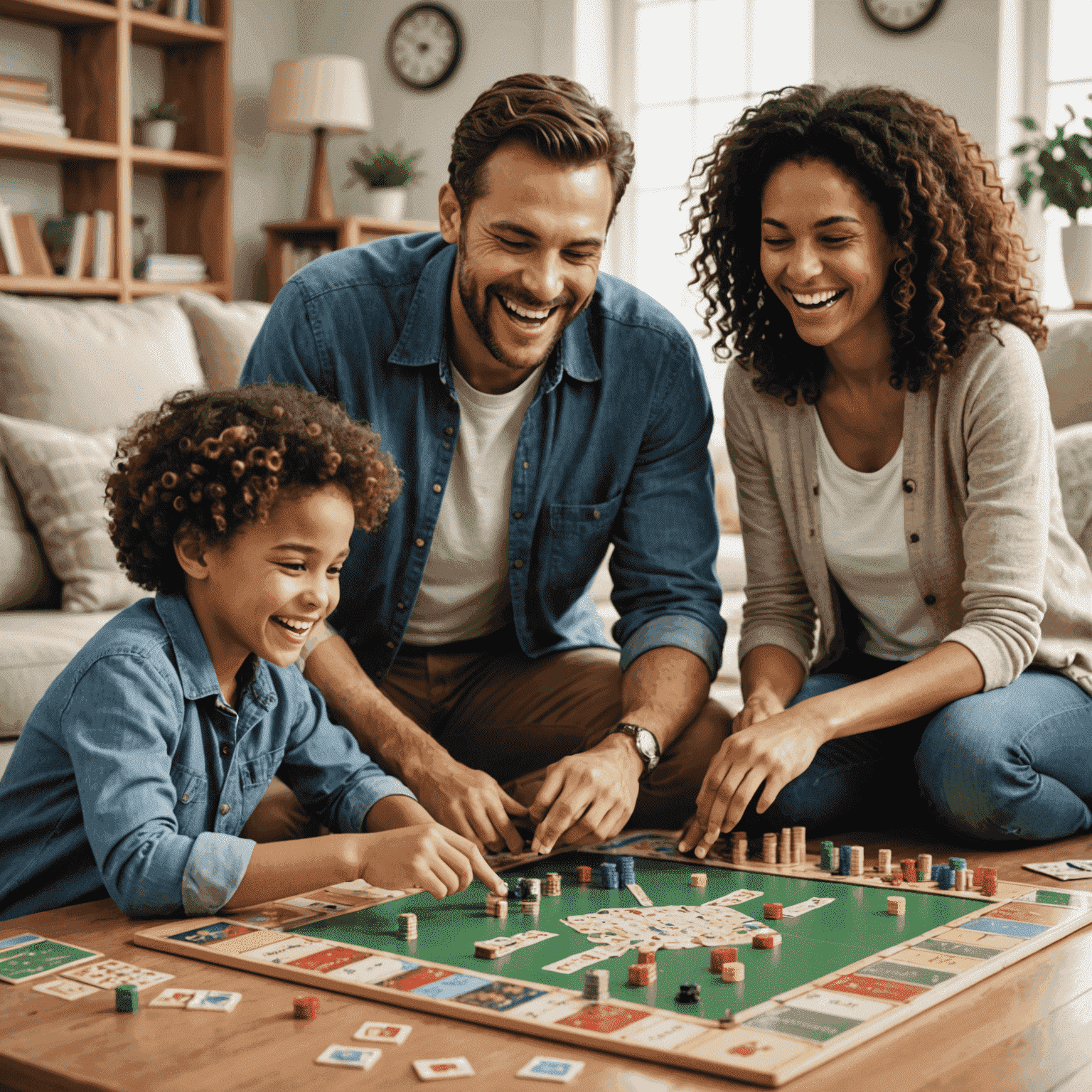 A family playing an educational board game together, laughing and interacting