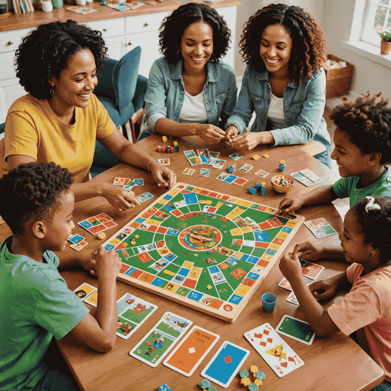 A group of diverse people, both children and adults, gathered around a table playing 'Spanish Fiesta'. They are smiling and engaged, with game pieces and cards visible on the colorful game board.