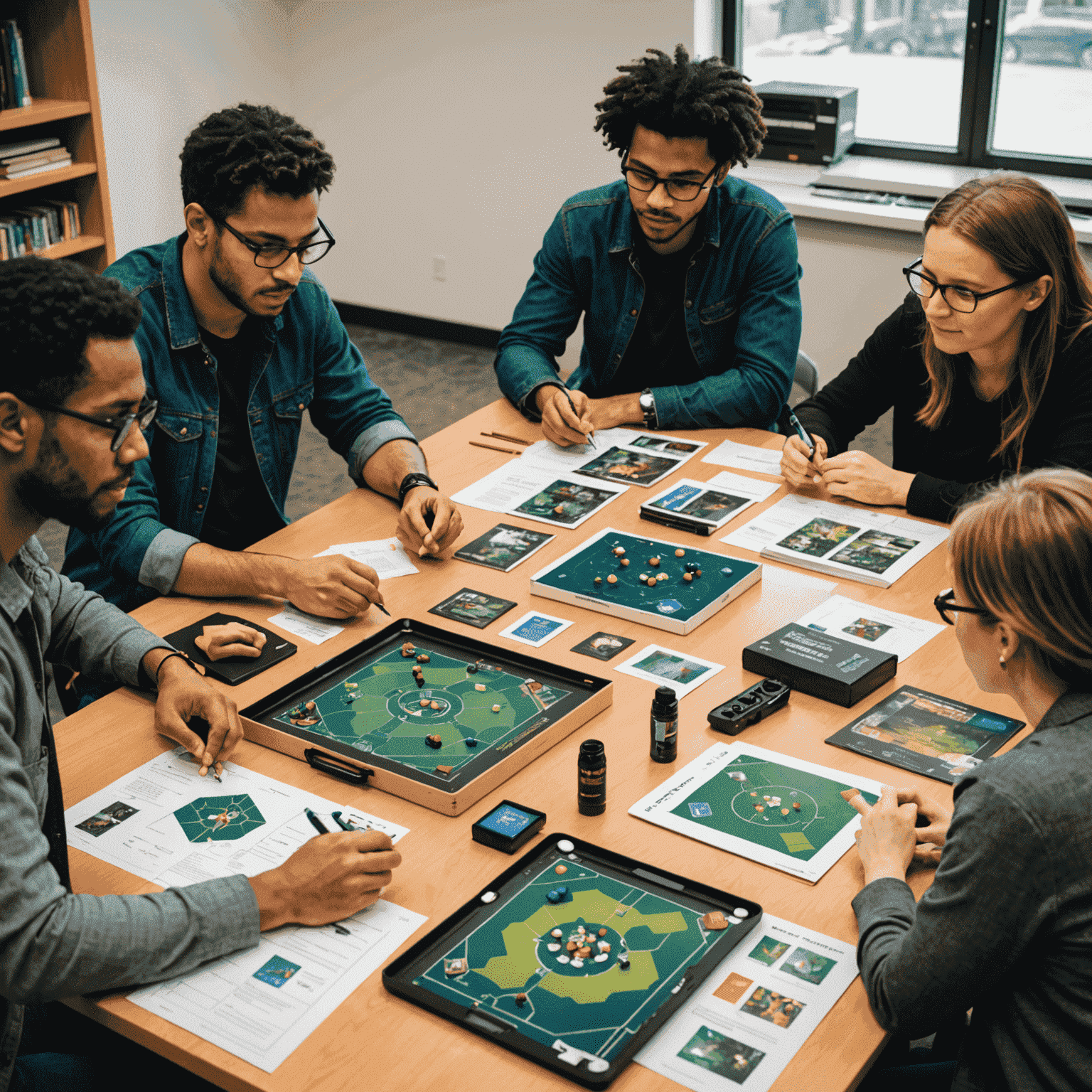 A diverse group of researchers and educators discussing game concepts around a table covered in educational materials and early game prototypes