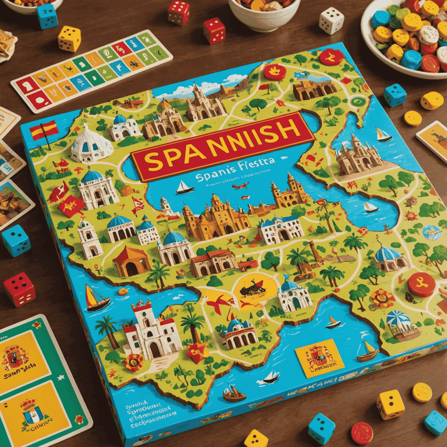 The 'Spanish Fiesta' board game box and components displayed on a table. The image shows a colorful game board featuring Spanish landmarks, cards with Spanish words and phrases, and game pieces representing various aspects of Spanish culture.