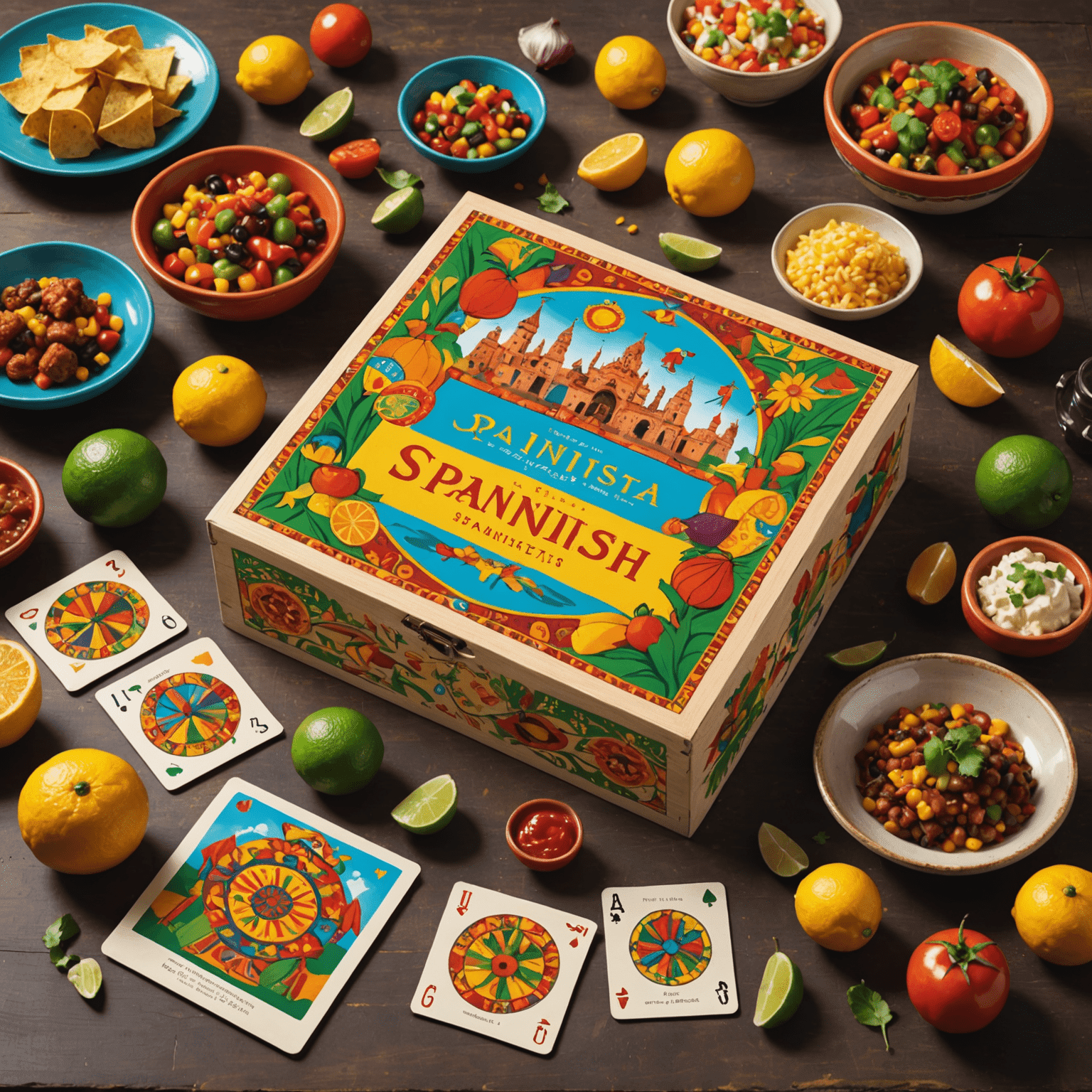 The 'Spanish Fiesta' game box and components, featuring vibrant Spanish cultural elements