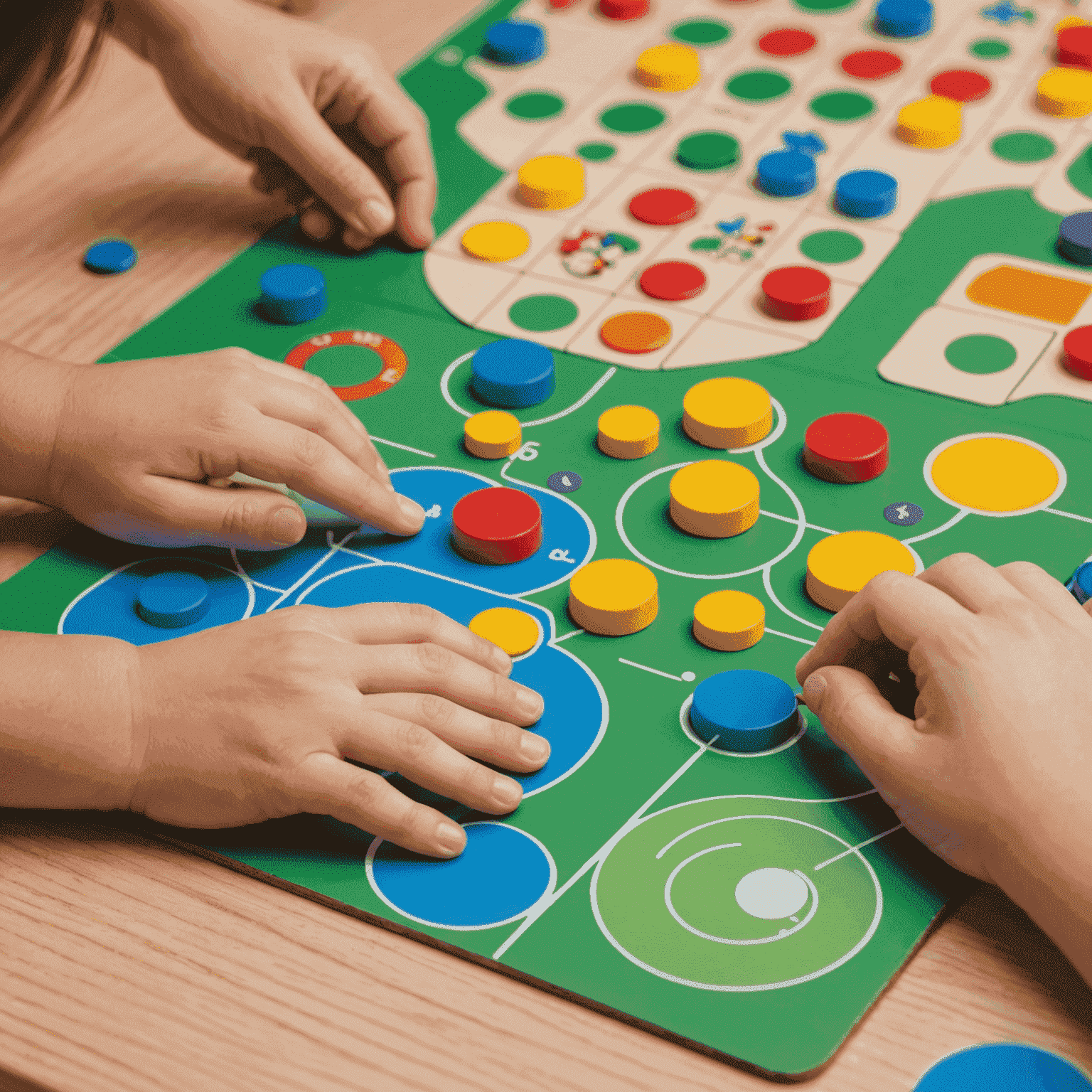 Close-up of children's hands moving pieces on an educational board game, focusing on fine motor skills