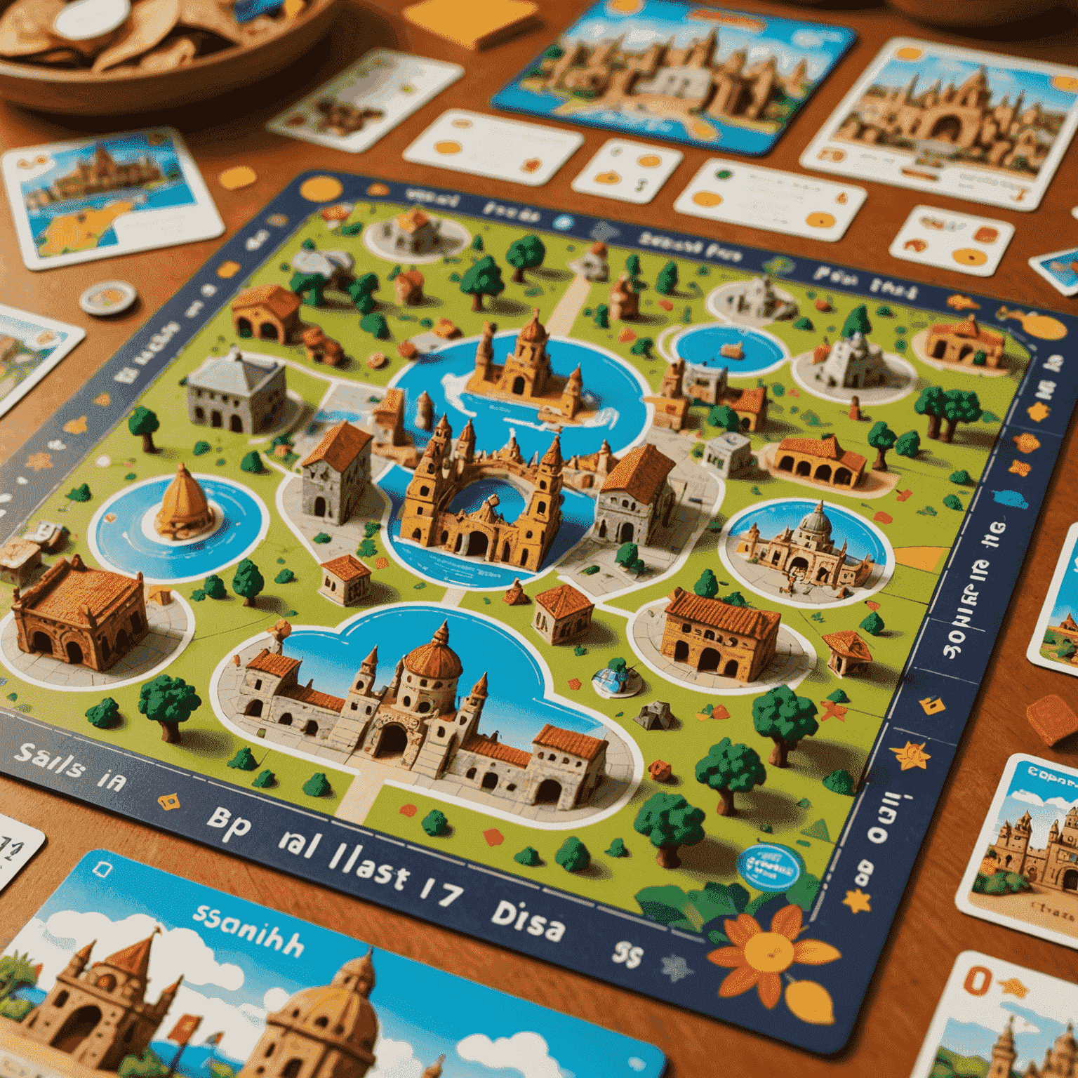 A close-up of 'Spanish Fiesta' game components, including beautifully designed cards featuring Spanish phrases, cultural icons, and landmarks. The game board is partially visible, showing detailed illustrations of Spanish cities.