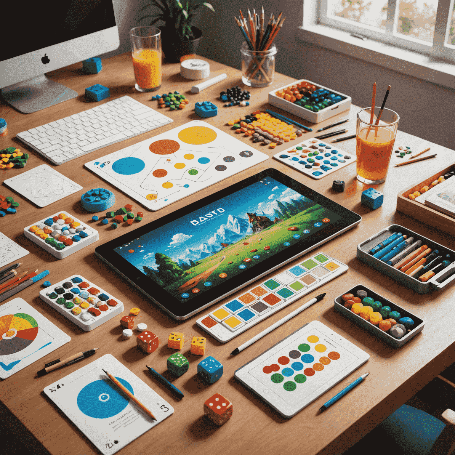 An artist's workspace with digital tablets, colorful sketches, and 3D models of game pieces for an educational board game