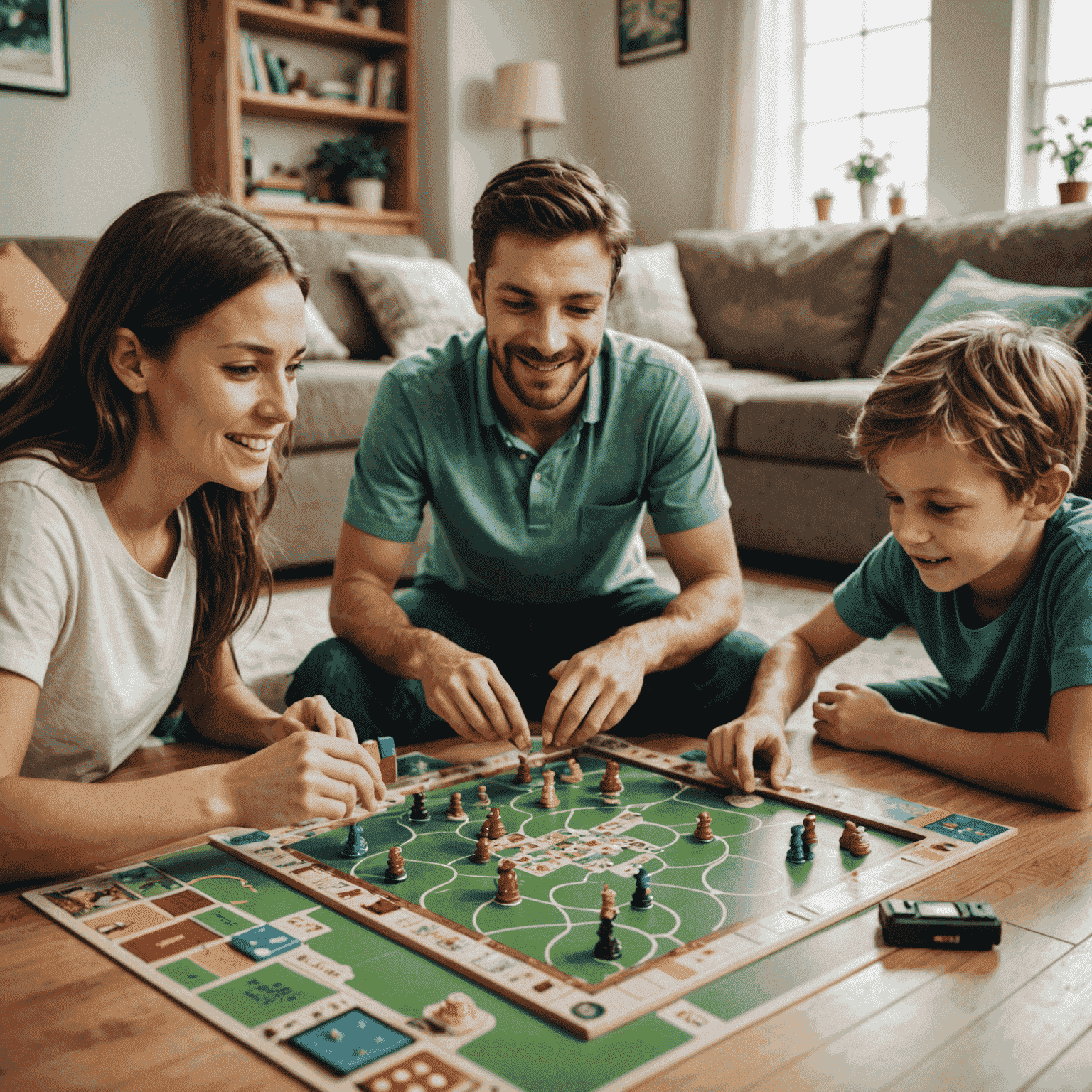 Split image showing a family playing a board game on one side and children playing video games on the other