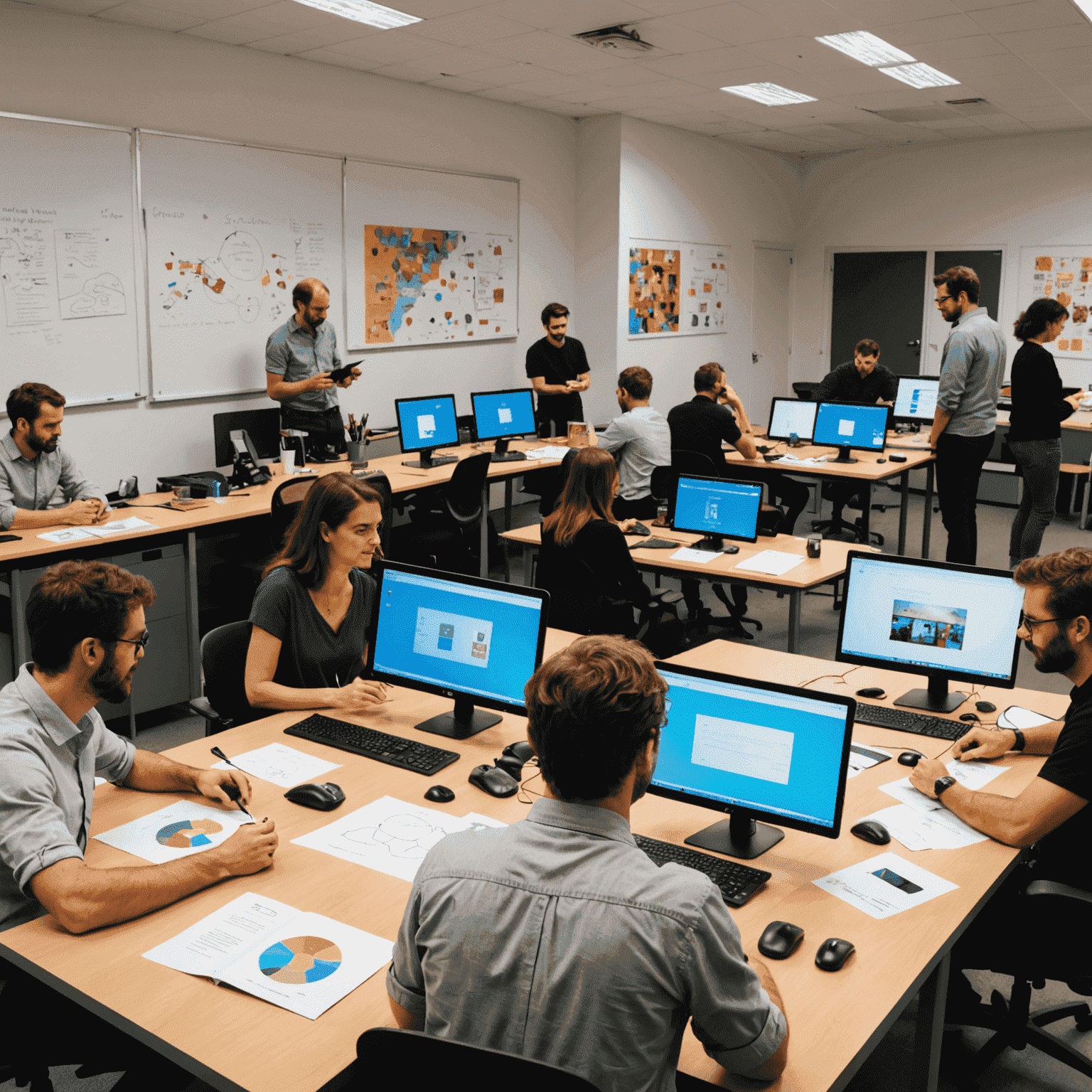 Behind-the-scenes image of Sweetgms' Spanish office, showing designers working on educational game prototypes